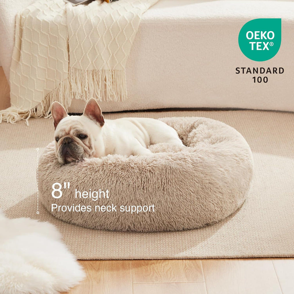 Calming Cat Bed for Indoor Cats,Anti-Anxiety Donut round Dog Bed,Fluffy Faux Fur Washable Pet Bed for Small Medium Dogs and Cats,Taupe,24In